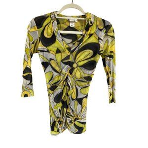 Y2K Retro Floral Mesh Top Yellow S Funky Disco Boho Indie Colorful Skater 80s